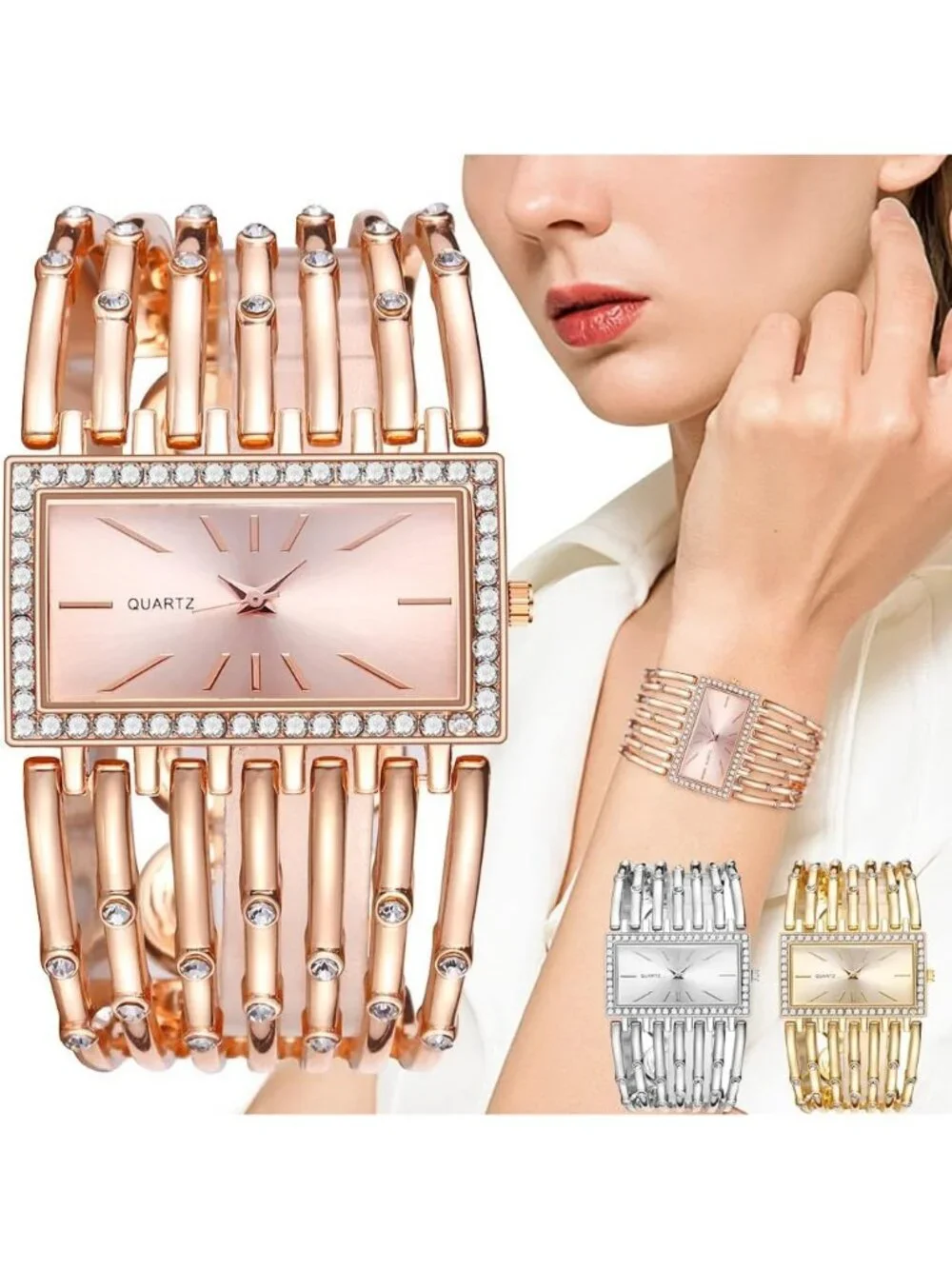 Women's Rose Gold Luxury Rectangular Case Analog Quartz Fashion Wrist Watch